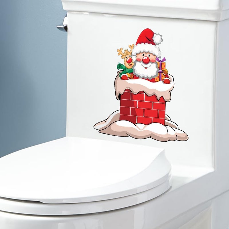 Iprokiu Christmas Toilet Sticker Chimney Santa Claus Reindeer Elf Toilet Seat Cover Decal Home Decor Waterproof Christmas Wall Sticker Elk Toilet Seat Lid Decal (Santa Claus and Deer) - Image 2